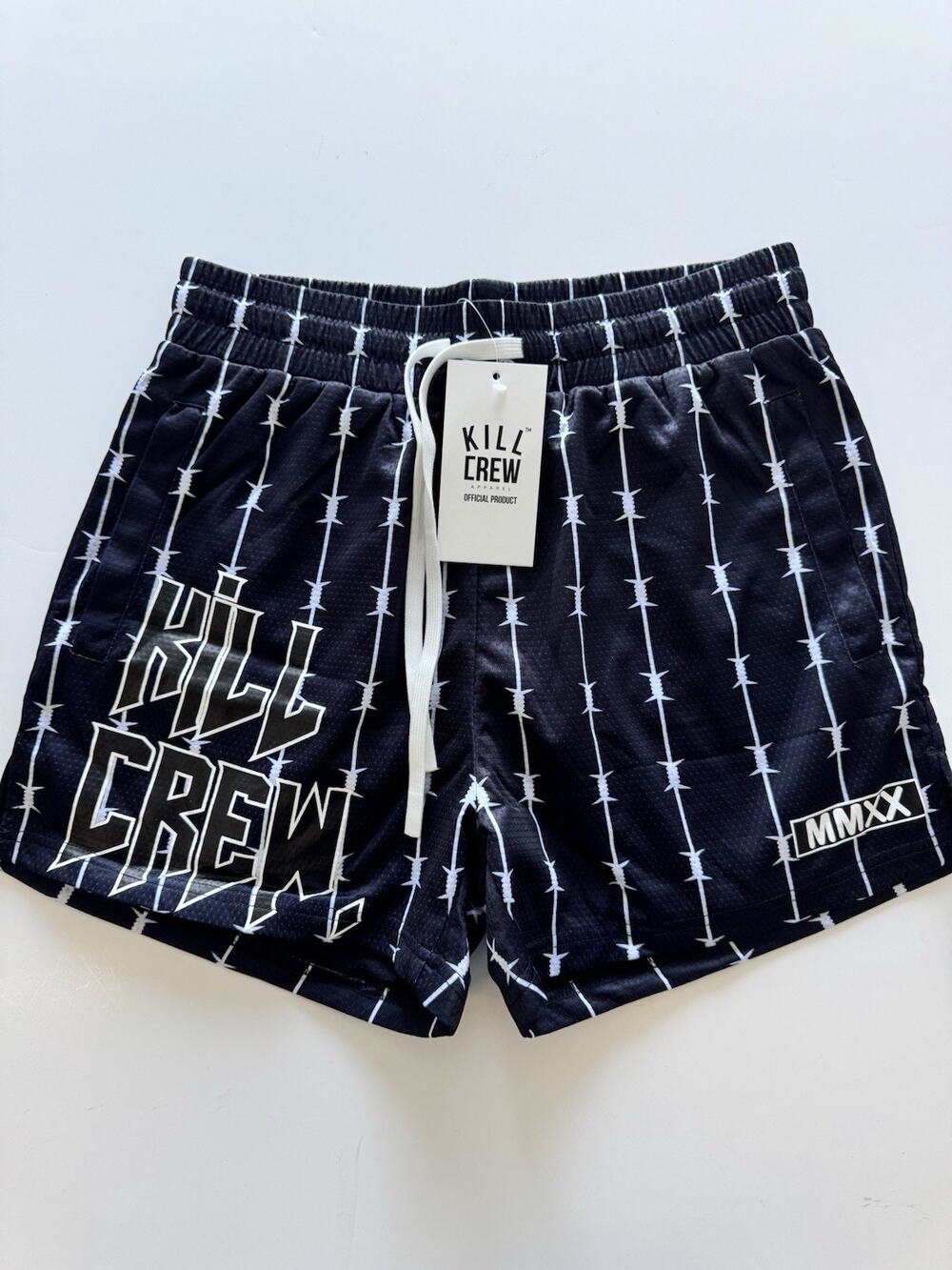 Kill Crew Barbwire Muay Thai Shorts Mid Thigh Cut Unisex Black White